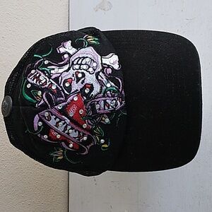 Ed Hardy Hat Cap Snapback Black Tattoo Skull Logo Mesh Back Trucker
